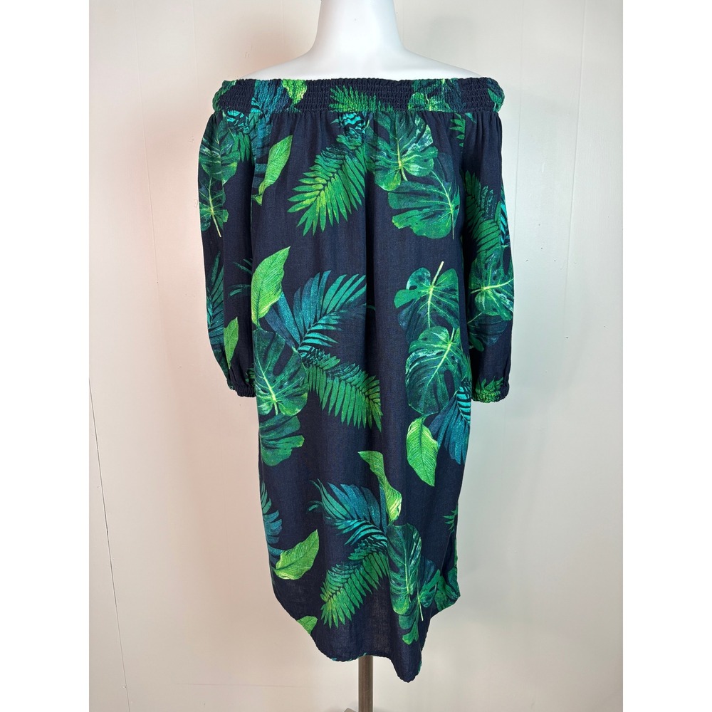 Old Navy Shift Dress Medium Blue Green Tropical Palm Off Shoulder‎ Womens